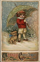 Child with Green Parasol and Dog in Snow, Merry Christmas Greeting Children Postcard Postcard Postcard