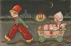 Dutch Children with Lantern and Dog in Wagon at Night Postcard