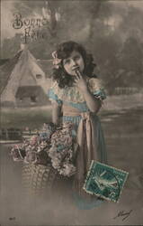 Girl with Flower Basket, Bonne Fête French Postcard Girls Postcard Postcard