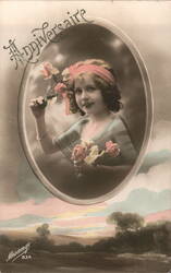 Girl with Roses, French Birthday Greeting Postcard