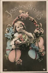 Little Girl with Easter Eggs and Flowers - Joyeuses Pâques With Children Postcard Postcard Postcard