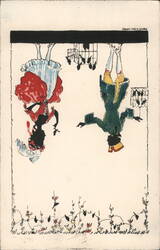 Whimsical Upside-Down Couple with Birdcages Postcard