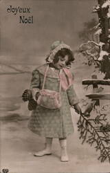 Little Girl with Pine Branch and Cone, Snowy Winter Scene Children Postcard Postcard Postcard