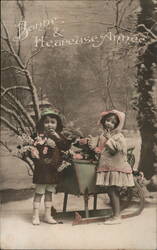 Two Girls with Flowers and a Sled, Bonne & Heureuse Année Children Postcard Postcard Postcard