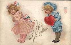 Patriotic Children Exchanging Valentine, Embossed Postcard Postcard Postcard