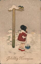 Girl with Letter in Snowy Scene, Dutch New Year's Greeting Postcard