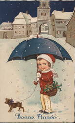 Child with Blue Umbrella and Dog, Bonne Année Greeting Children Postcard Postcard Postcard