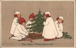 Children with Christmas Tree on Sled, German Holiday Greeting Pauli Ebner Postcard Postcard Postcard