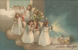 Angelic Christmas Eve Scene: Angels with Gifts and Christmas Tree Postcard