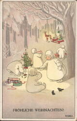 Children Celebrating Christmas in a Snowy Forest Postcard