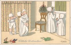 Children in Nightgowns Peeking Through Door, Christmas Postcard Postcard