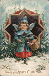 Angelic Girl with Evergreen Sprig and Basket - Christmas Greetings Postcard