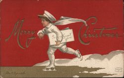 Boy Delivering Christmas Greetings on Ice Skates Children Postcard Postcard Postcard