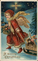 Christmas Angel with Toys Sled Angels Postcard Postcard Postcard