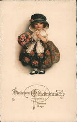 Girl with Flowers and Cup, German Name Day Greeting Girls Postcard Postcard Postcard