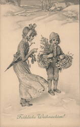 Children with Christmas Greens and Mistletoe Postcard