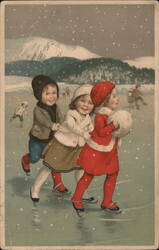 Three Children Ice Skating on a Frozen Lake Postcard Postcard Postcard