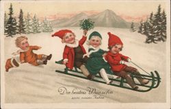 Children Sledding in Winter Wonderland Postcard Postcard Postcard