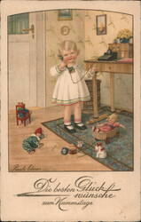 Little Girl on the Phone, Vintage German Name Day Postcard Children Postcard Postcard