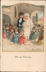 Charming Children's Wedding Procession Illustration Postcard