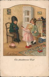 Children with Umbrella in Playroom, Paul Ebner Illustration Pauli Ebner Postcard Postcard Postcard