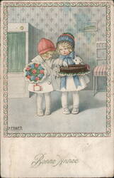 Two Girls with Flowers and Cake, Bonne Année Greeting Postcard