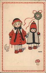 Two Children with Dog and Holiday Wreath Pauli Ebner Postcard Postcard Postcard