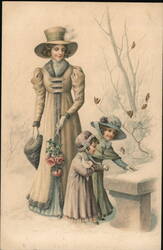 Elegant Woman and Children Feeding Birds in Winter Postcard Postcard Postcard