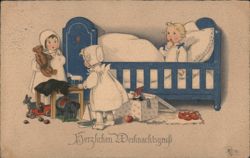 Children with Toys by Bed, German Christmas Postcard Postcard