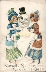 Naughty Man in the Moon with Two Stylish Women Postcard