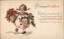 Little Girl with Baskets of Poinsettias and Holly, Happy New Year Children J. Freixas Postcard Postcard Postcard