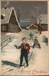 Children Sledding and Playing in the Snow, Winter Christmas Scene Postcard Postcard Postcard