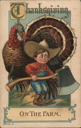 Boy with Axe & Turkey, Thanksgiving on the Farm Postcard