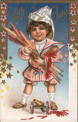 Patriotic Boy with Fireworks and Toy Cannon, 4th of July Postcard