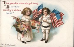 Patriotic Children with American Flags and Flower Baskets Postcard