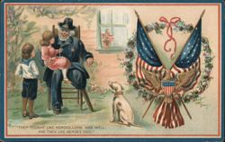 Patriotic Veteran with Children, American Flags, and Eagle Emblem Memorial Day Postcard Postcard Postcard