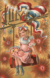 Girl on Firecracker Swing, July 4th Celebration Postcard