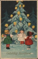 Three Angelic Children Singing Carols by Candlelit Christmas Tree Netherlands Postcard Postcard Postcard