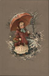 Girl with Red Umbrella and Apple Basket in Snow Girls Postcard Postcard Postcard