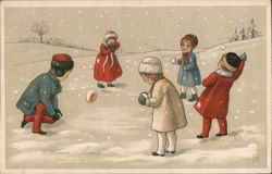 Children Having a Snowball Fight, Bonne Année Pauli Ebner Postcard Postcard Postcard