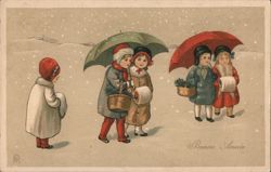 Children with Umbrellas and Baskets in the Snow, Bonne Année Pauli Ebner Postcard Postcard Postcard