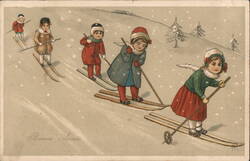 Four Children Skiing Downhill, Bonne Année Greeting Pauli Ebner Postcard Postcard Postcard