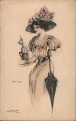 Woman with Pink Roses Hat Sipping Drink Artist Signed Mackie Mc Mein Postcard Postcard Postcard