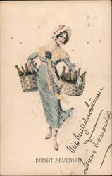 Woman with Baskets of Champagne: Prosit Neujahr (Happy New Year) Postcard