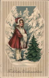 Girl in Red Coat with Fur Trim, Snowy Christmas Tree Scene Children Postcard Postcard Postcard