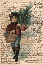 Boy with Christmas Tree and Gifts Basket, German Holiday Postcard Postcard