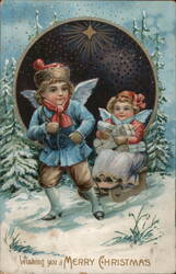 Angelic Children Sledding Under Starlit Sky Angels Postcard Postcard Postcard