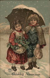 Children with Holly and Umbrella, Dutch New Year's Greeting Postcard Postcard Postcard