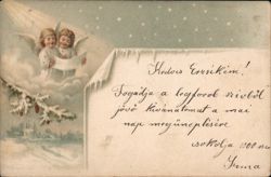 Two Angels with Banner, Christmas Greetings in Hungarian Postcard Postcard Postcard