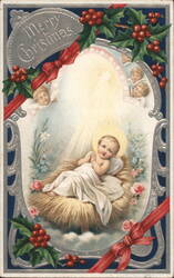 Madonna and Child Christmas Postcard with Angels and Holly Border Madonna & Child Postcard Postcard